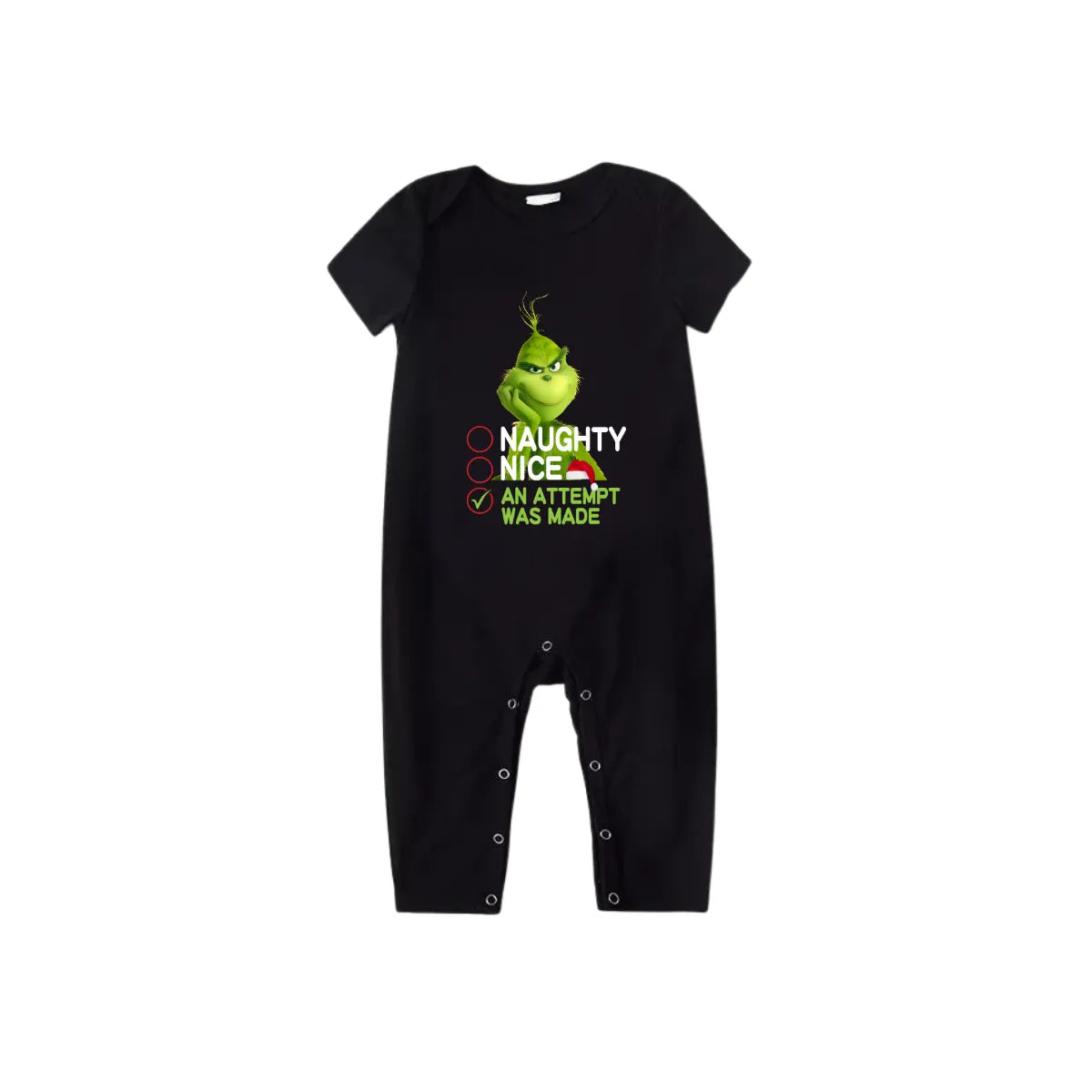 Naughty Nice An Attempt Was Made Grinch Family Pajamas Set - Black Top Red Pants Red Plaid Pattern Grinch Checklist Print