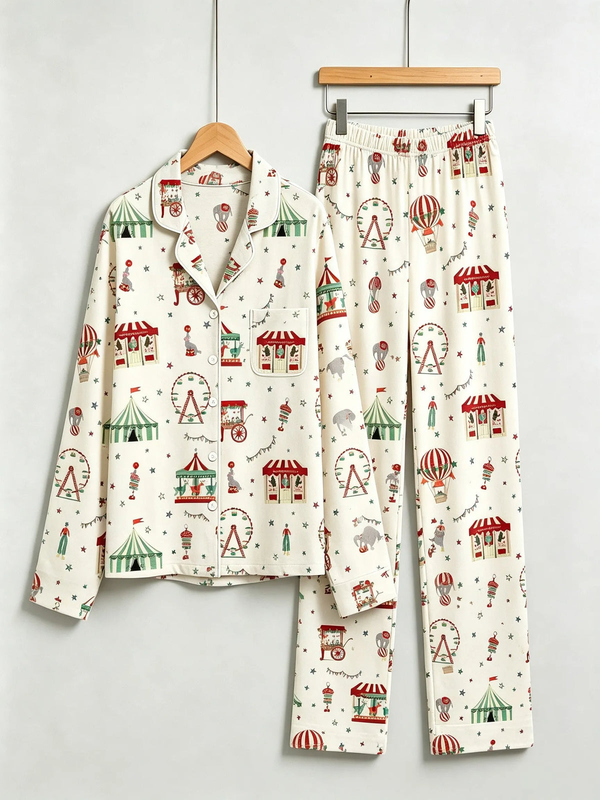 Two-Piece Set Matching Family Christmas Two-Piece Button-Down Long Sleeve PJS Set with Pockets Cute Circus and Carnival Print Festive Holiday Matching Outfits for Adults Kids