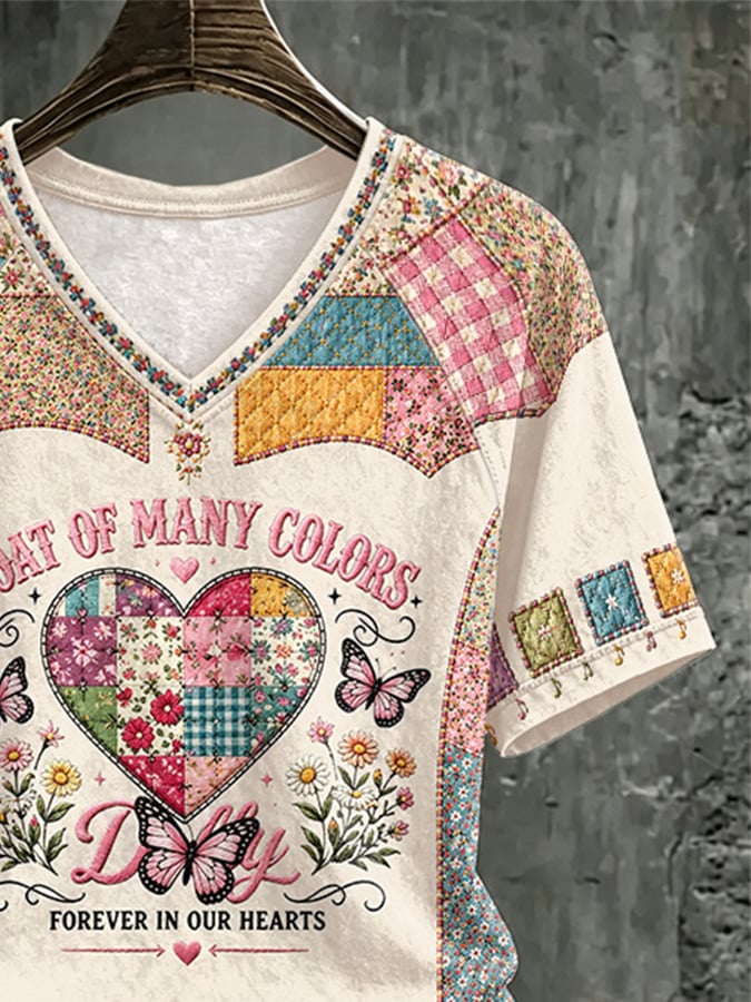 V Neck Retro Coat Of Many Colors Forever In Our Hearts Print T-Shirt