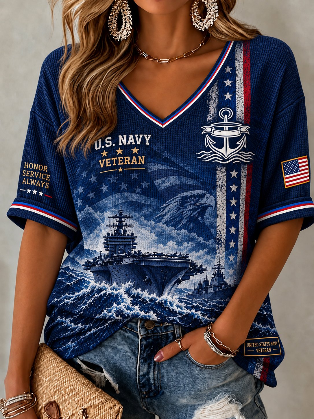 Women's Retro Navy Veteran Art Printed V-Neck T-Shirt