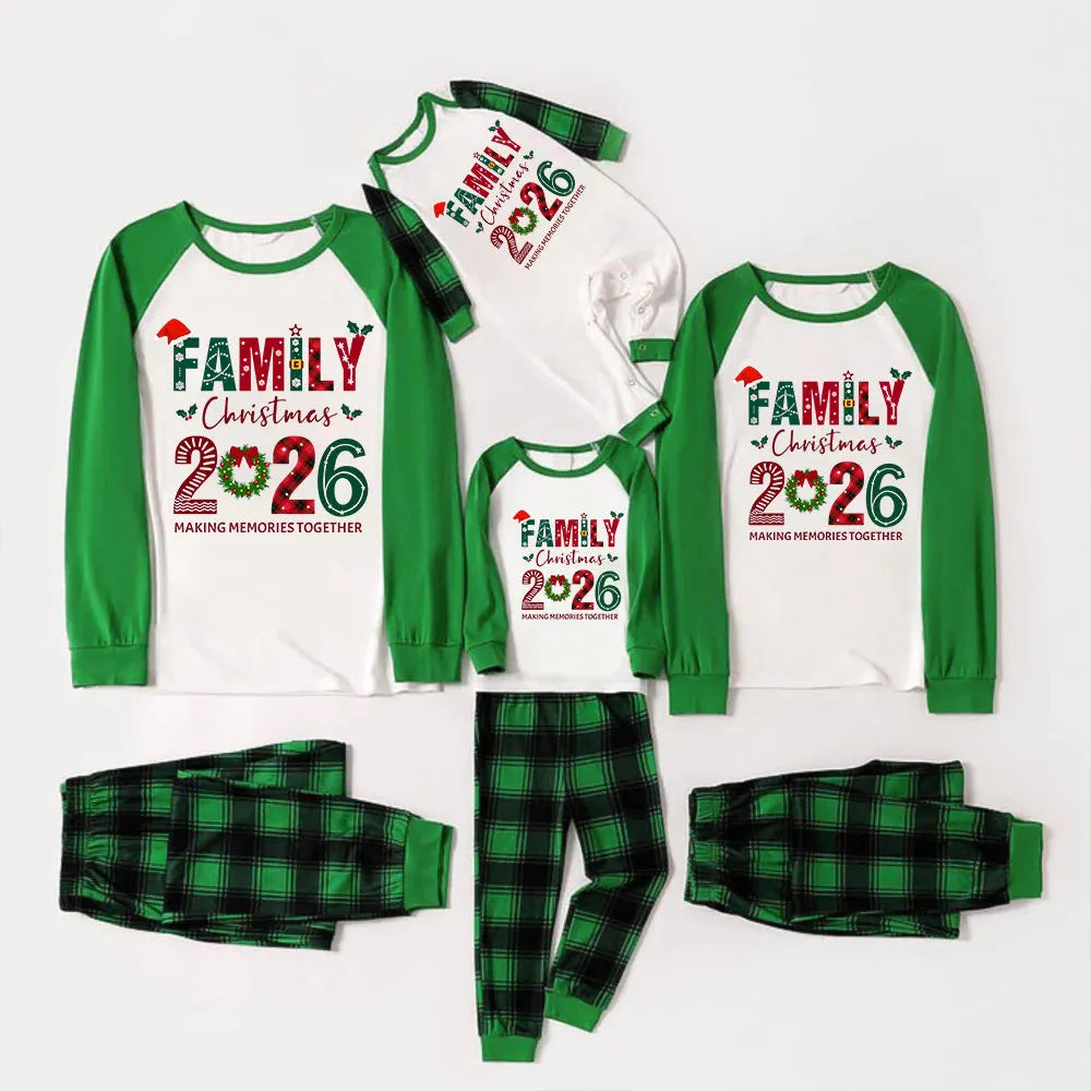 Green Raglan Top Green Plaid Christmas Pajamas Set With "FAMILY Christmas 2026" and Christmas Pattern Print