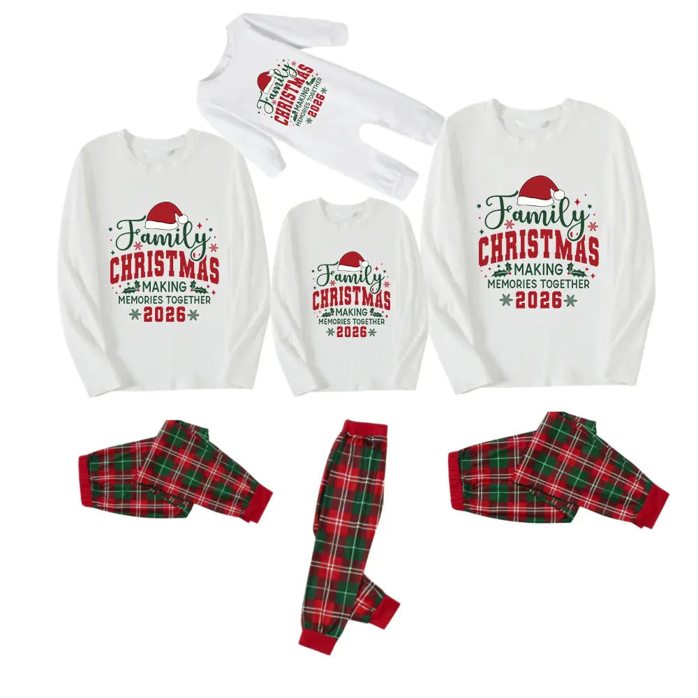 Family Christmas Text Printed Red and Green Plaid Christmas Pajama Set