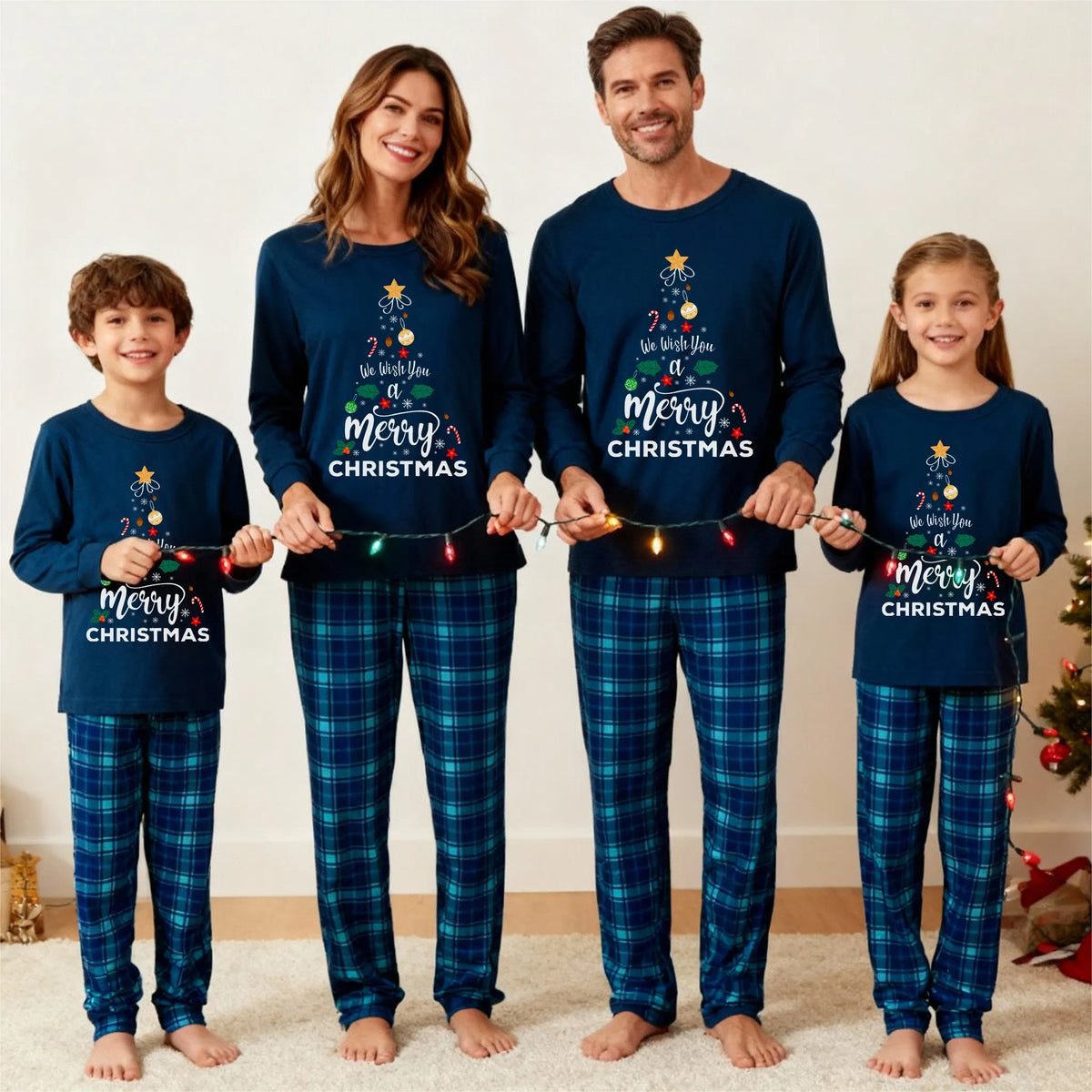 "We Wish You a Merry Christmas" Printed Blue Long Sleeve Top With Blue Plaid Family Matching Pajamas