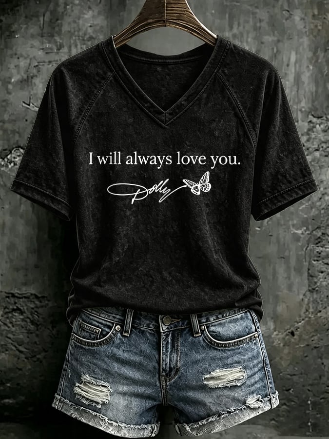 V Neck Retro Butterfly I Will Always Love You Print T-Shirt