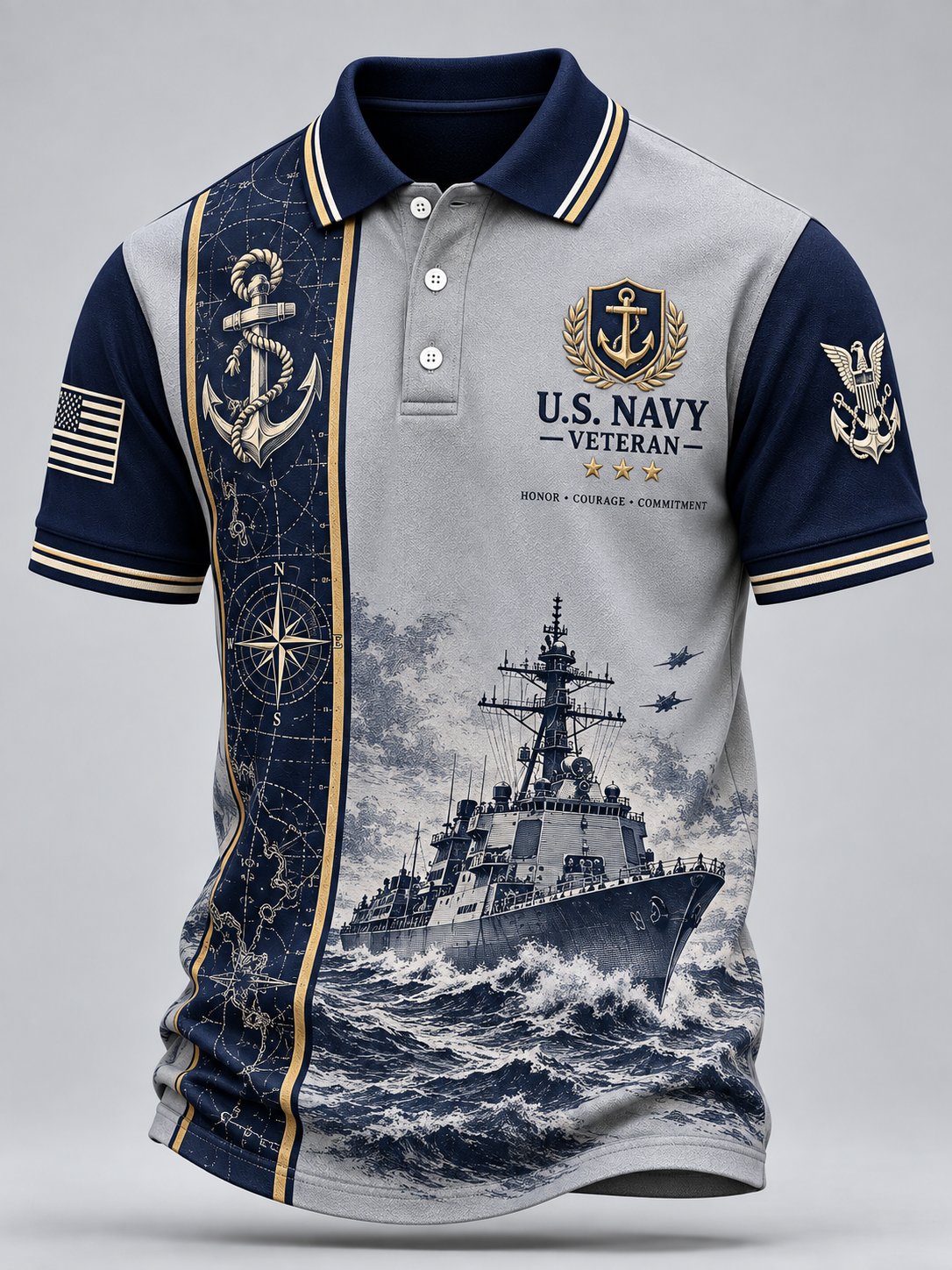 Men's Retro Navy Veteran Art Print Polo Shirt