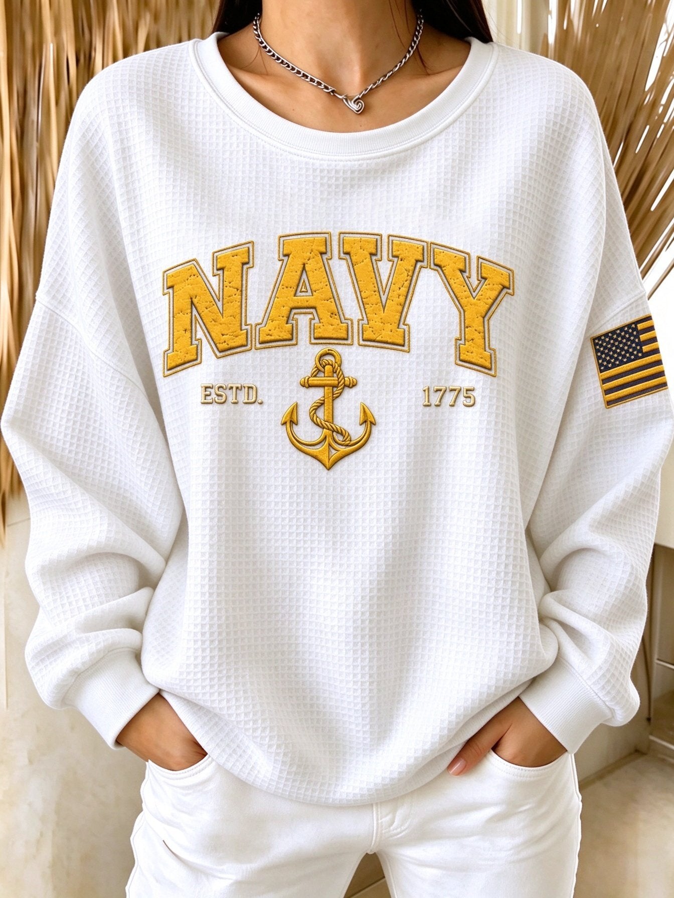 Women's Casual Veterans Day Print Waffle-Knit Long-Sleeve Top