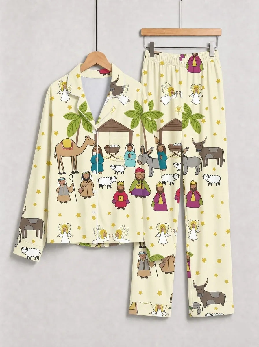 Two-Piece Set Nativity Scene Camel Print Family Christmas Two-Piece Button-Down PJS Long Sleeve Top and Pants with Pockets Winter Holiday Sets