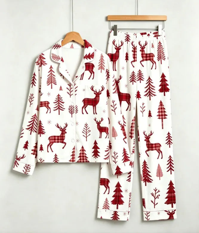 Rustic Plaid Reindeer & Woodland Pine Matching Family Pajama Set, Button-Down Cotton Loungewear