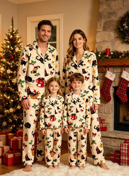 Christmas Black Cat & Festive Bow Print Matching Family Pajama Set, Button-Down Cotton Loungewear