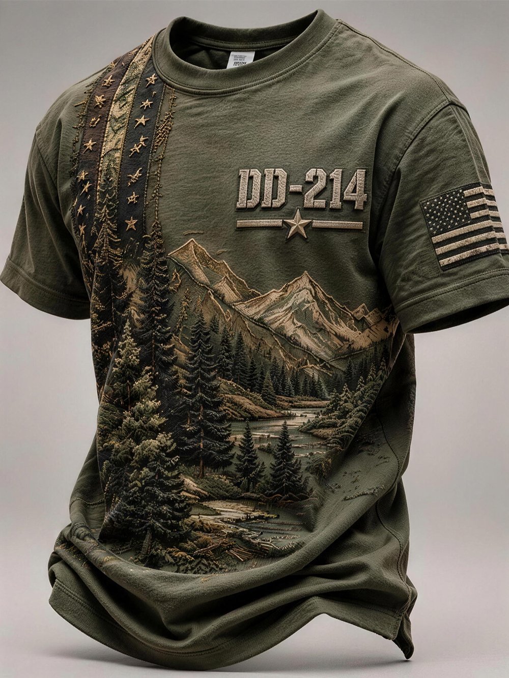 Men's Casual Veteran-Print Short-Sleeve Waffle-Knit Crew-Neck T-Shirt