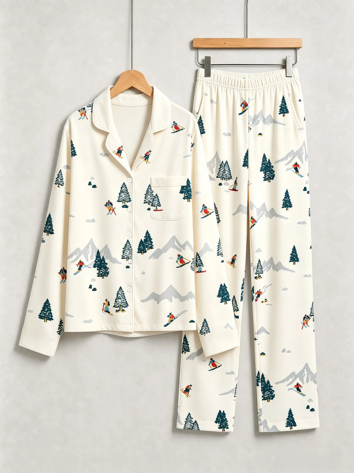 Retro Alpine Ski Lodge & Snowy Mountains Neutral Holiday Family Pajamas