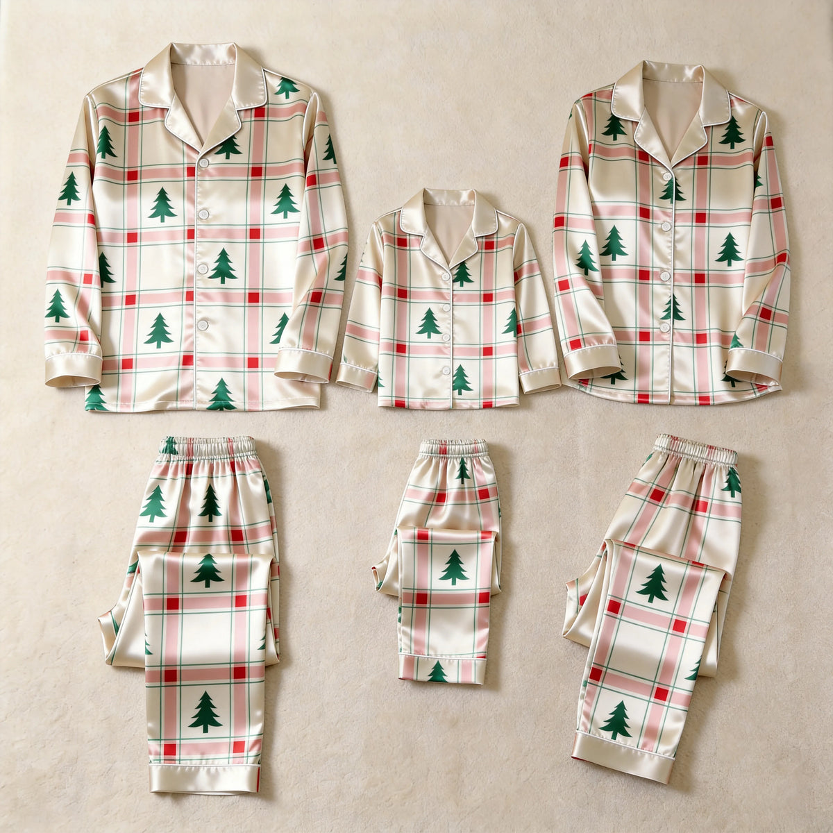 Family Christmas Tree Satin Pajama Set Festive Plaid Button-Front Holiday Sleepwear Lounge Top and Pants