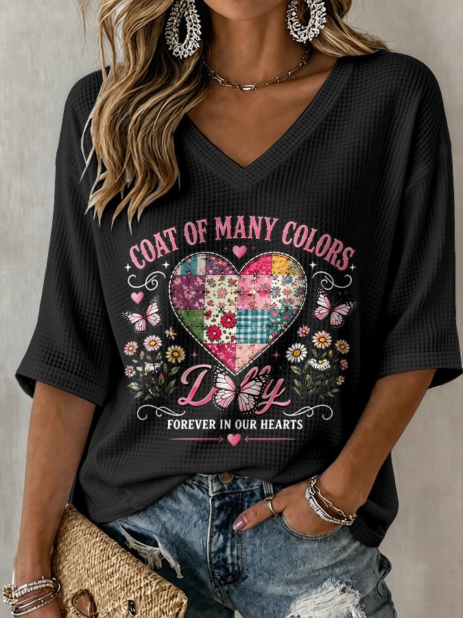 V-Neck Retro Coat Of Many Colors Forever In Our Hearts Print T-Shirt
