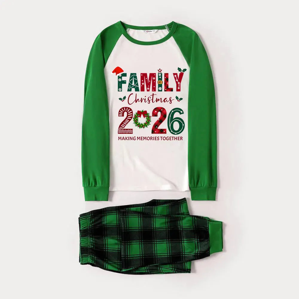 Green Raglan Top Green Plaid Christmas Pajamas Set With "FAMILY Christmas 2026" and Christmas Pattern Print