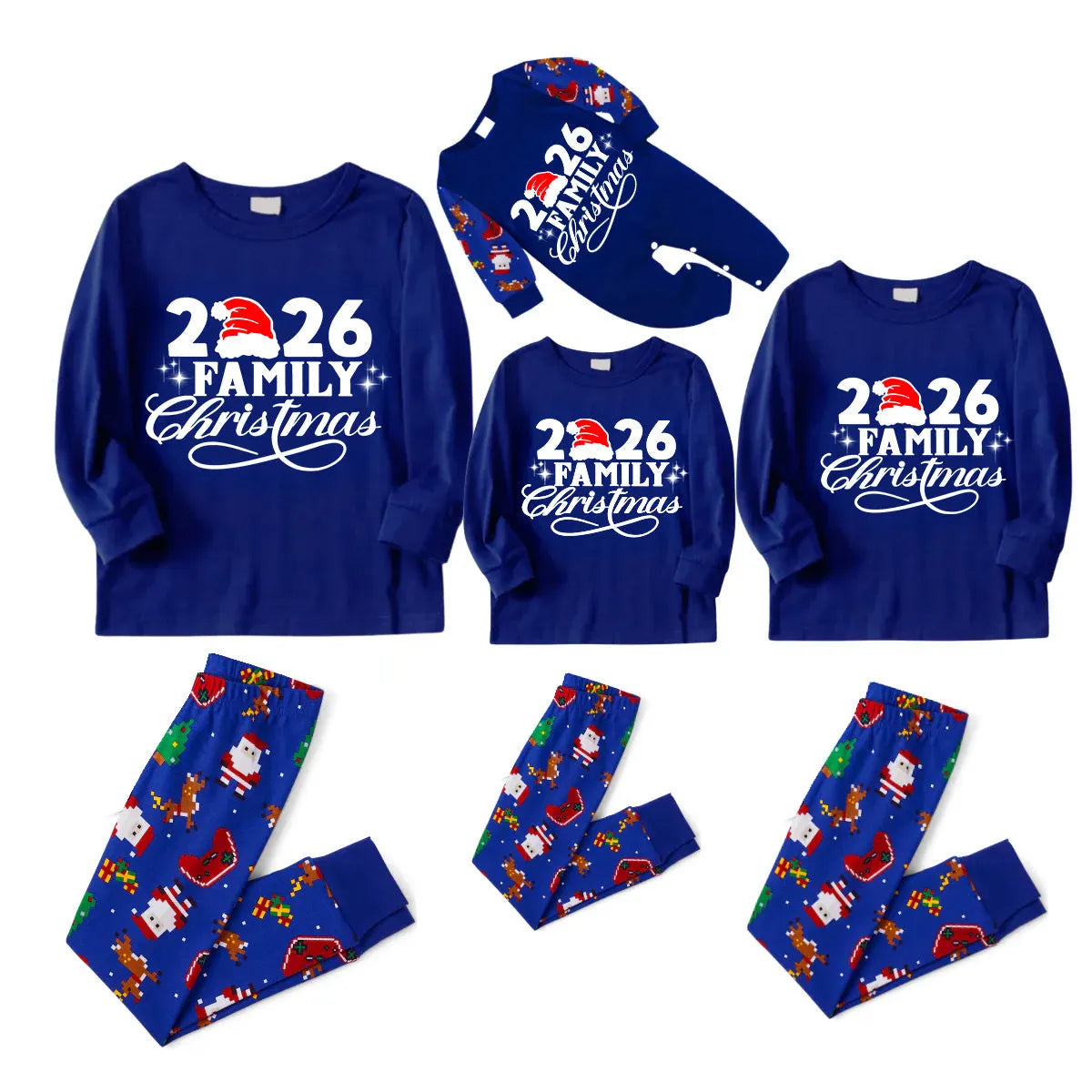 Christmas 2026 Santa Print Family Matching Family Pajamas Set - Blue Top, Blue Pants, Santa Pattern