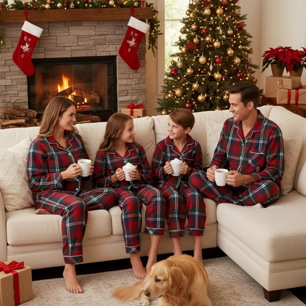Matching Family Christmas Pajamas Set Red Plaid Button Down Sleepwear