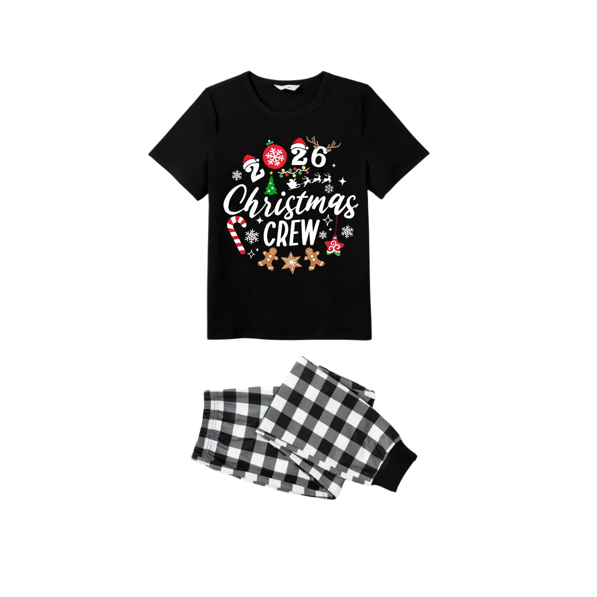 Christmas Crew 2026 Family Pajamas Set - Black Top Black and White Plaid Pants Candy Cane and Cookies Graphic