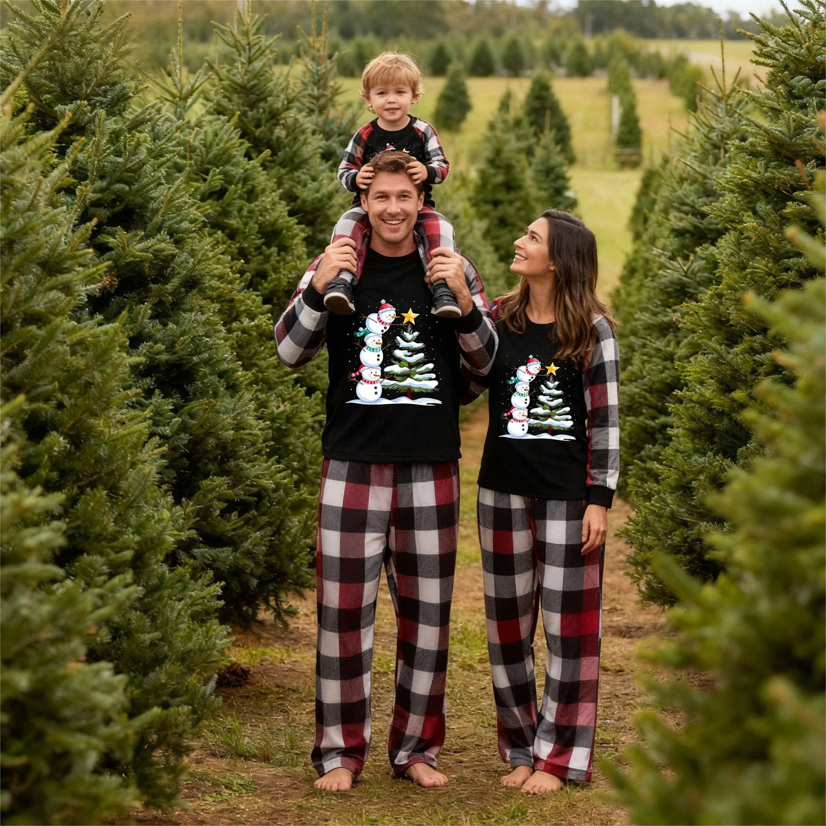 Red and Gray Plaid Christmas Pajamas Set with Snowman & Christmas Tree Print