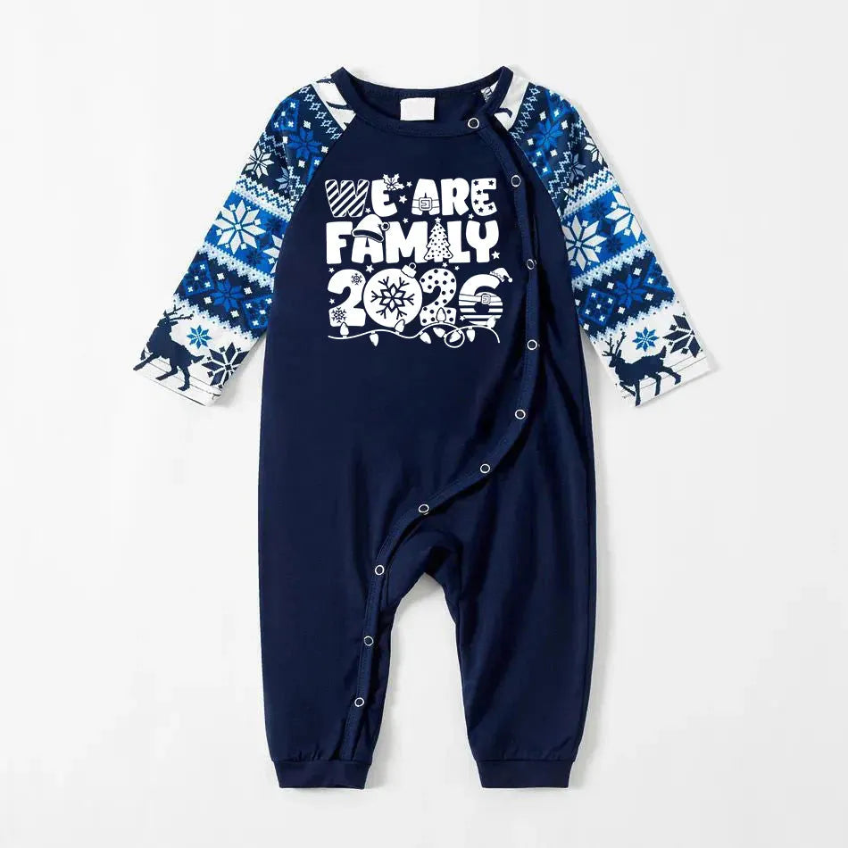 We Are Family 2026 Christmas Pajamas Set - Navy Top Blue and White Nordic Pattern Pants White Text Graphic