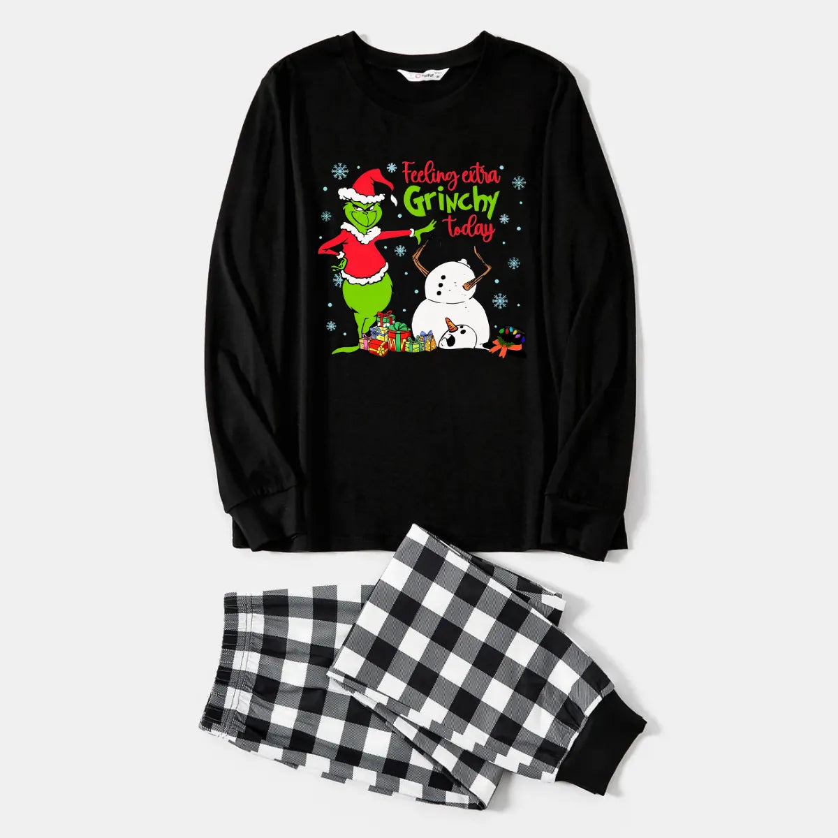 Black and White Plaid Christmas Pajamas Set With Grinch and Snowman Print