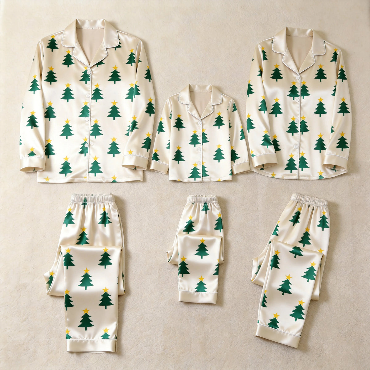 Cream Green Christmas Tree Yellow Star Print Satin Button-Up Family Christmas Pajamas Set