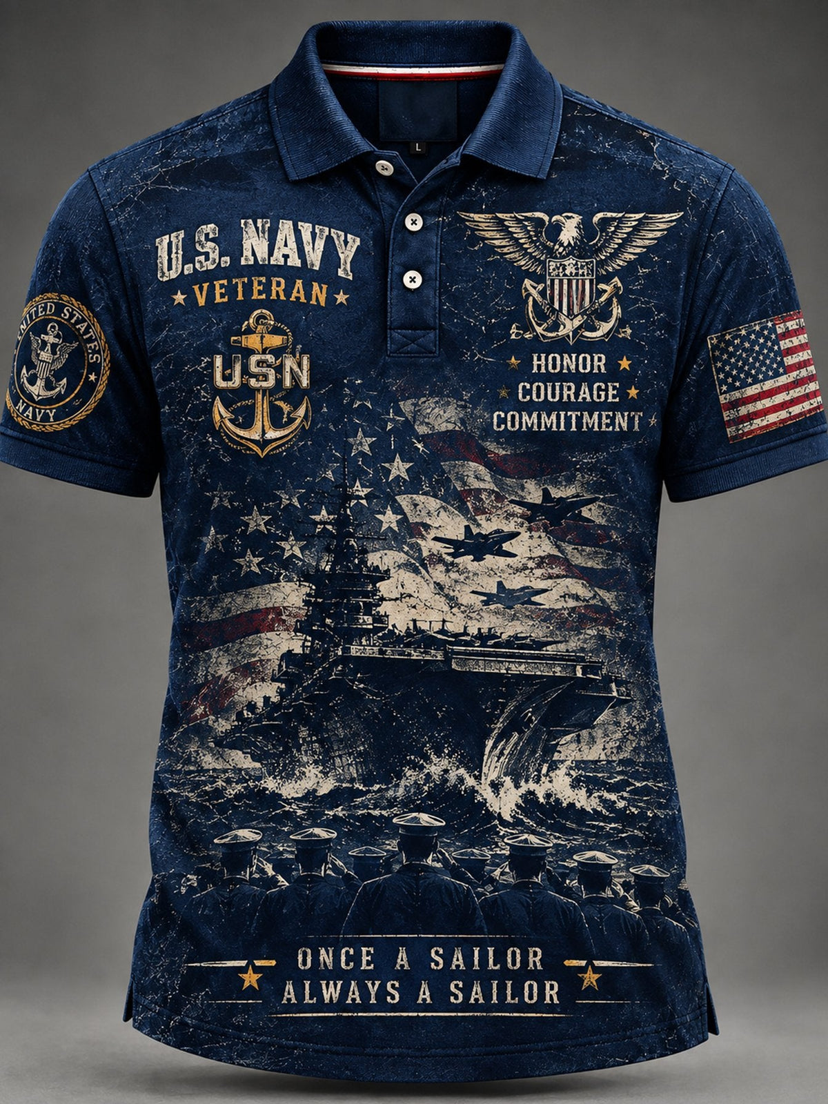 Men's Retro Veteran Art Print Polo Shirt