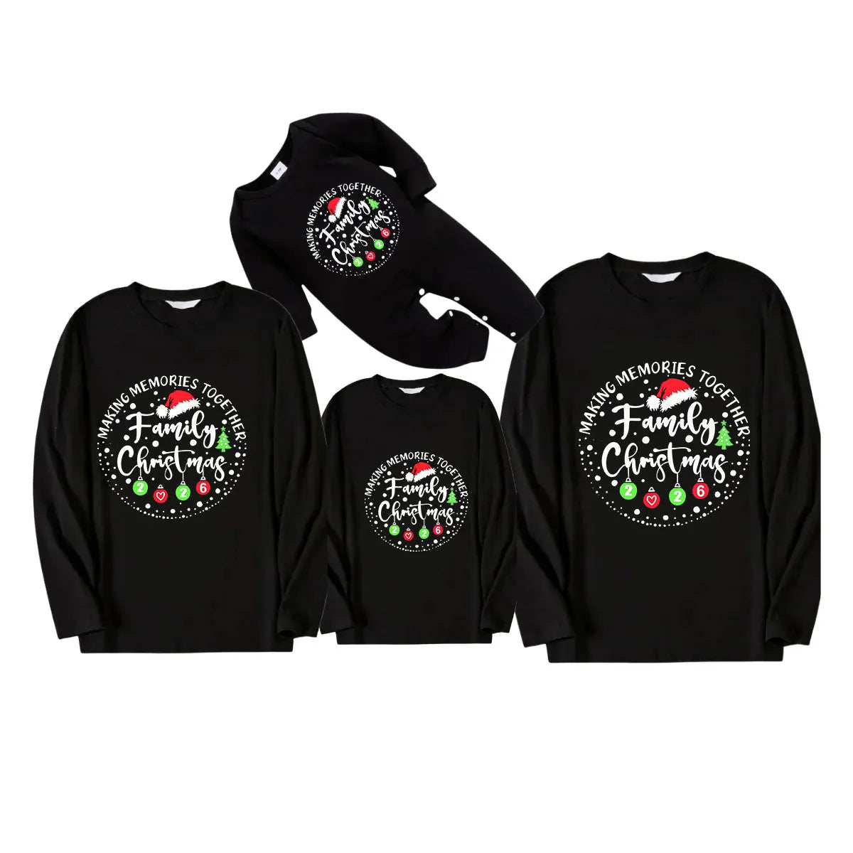 "Making Memories Together Family Christmas 2026" Circle Colorful Text Pattern Black Long Sleeve Top