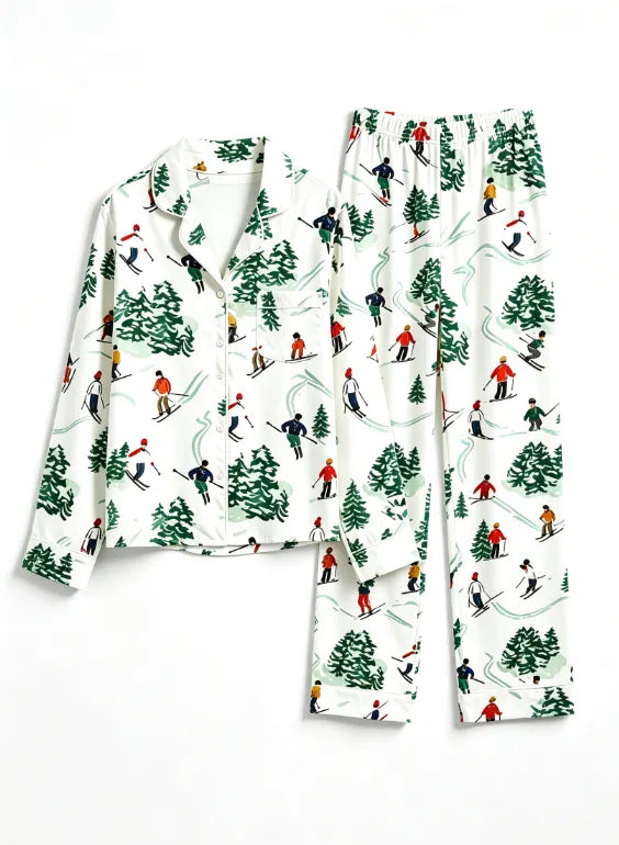 Christmas Winter Skiers & Snowy Pine Tree Print Matching Couples Pajama Set, Button-Down Cotton Loungewear
