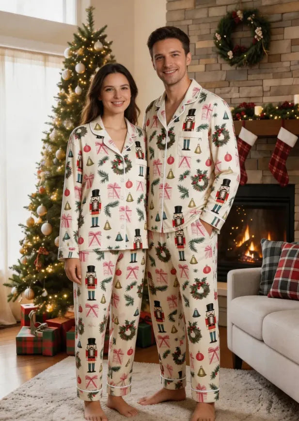 Christmas Nutcracker & Wreath Print Matching Family Pajama Set, Button-Down Cotton Loungewear