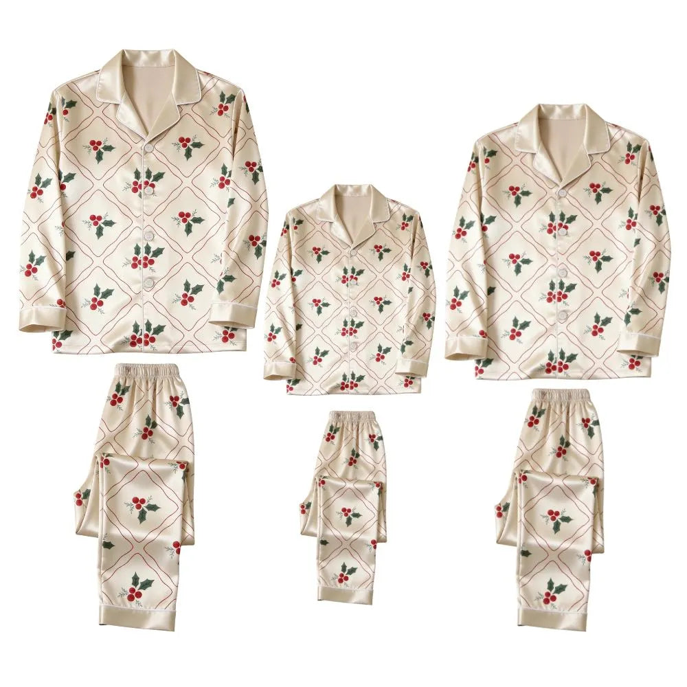 Cream Holly Berry Print Satin Button-Up Family Christmas Pajamas Set