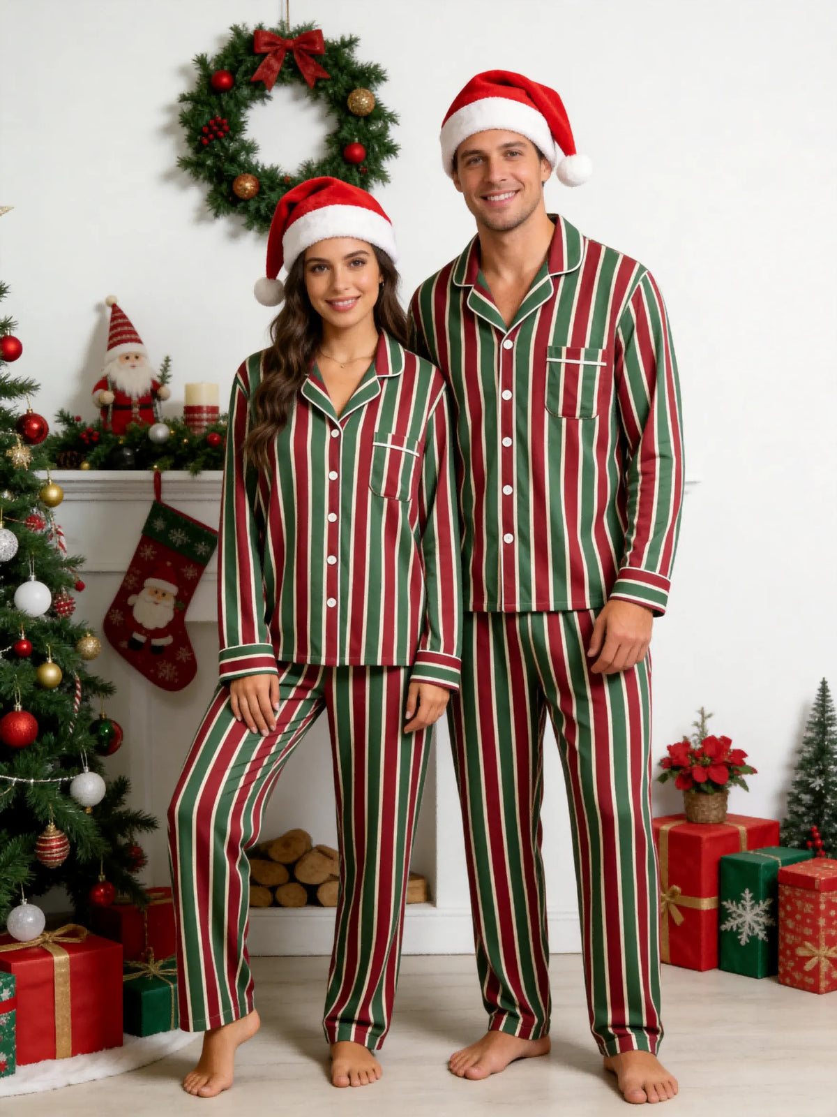 Matching Family Christmas Pajamas - Red & Green Vertical Striped Button-Down Sleep Set