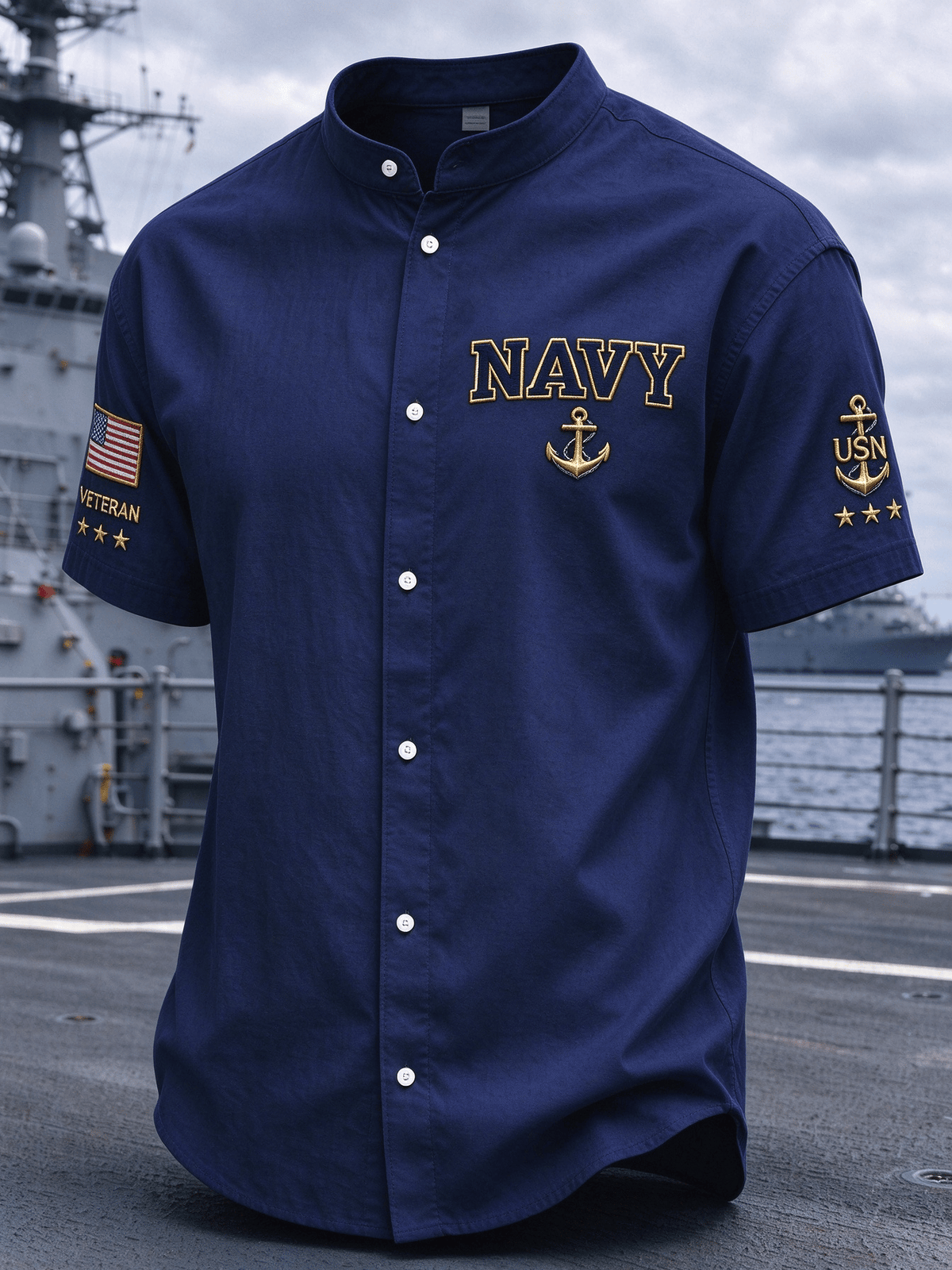 Men's American Veterans Print Stand-Up Collar Shirt