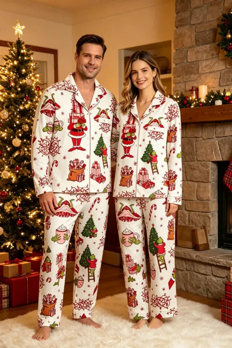 Whimsical Holiday Character & Seasonal Decor Matching Family Pajama Set, Button-Down Cotton Loungewear