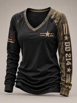 Women's Casual "DD214 America Official Woman Card" Print V-Neck Long-Sleeve T-Shirt