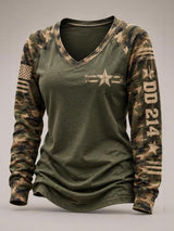 Women's Casual "DD214 America Official Woman Card" Print V-Neck Long-Sleeve T-Shirt