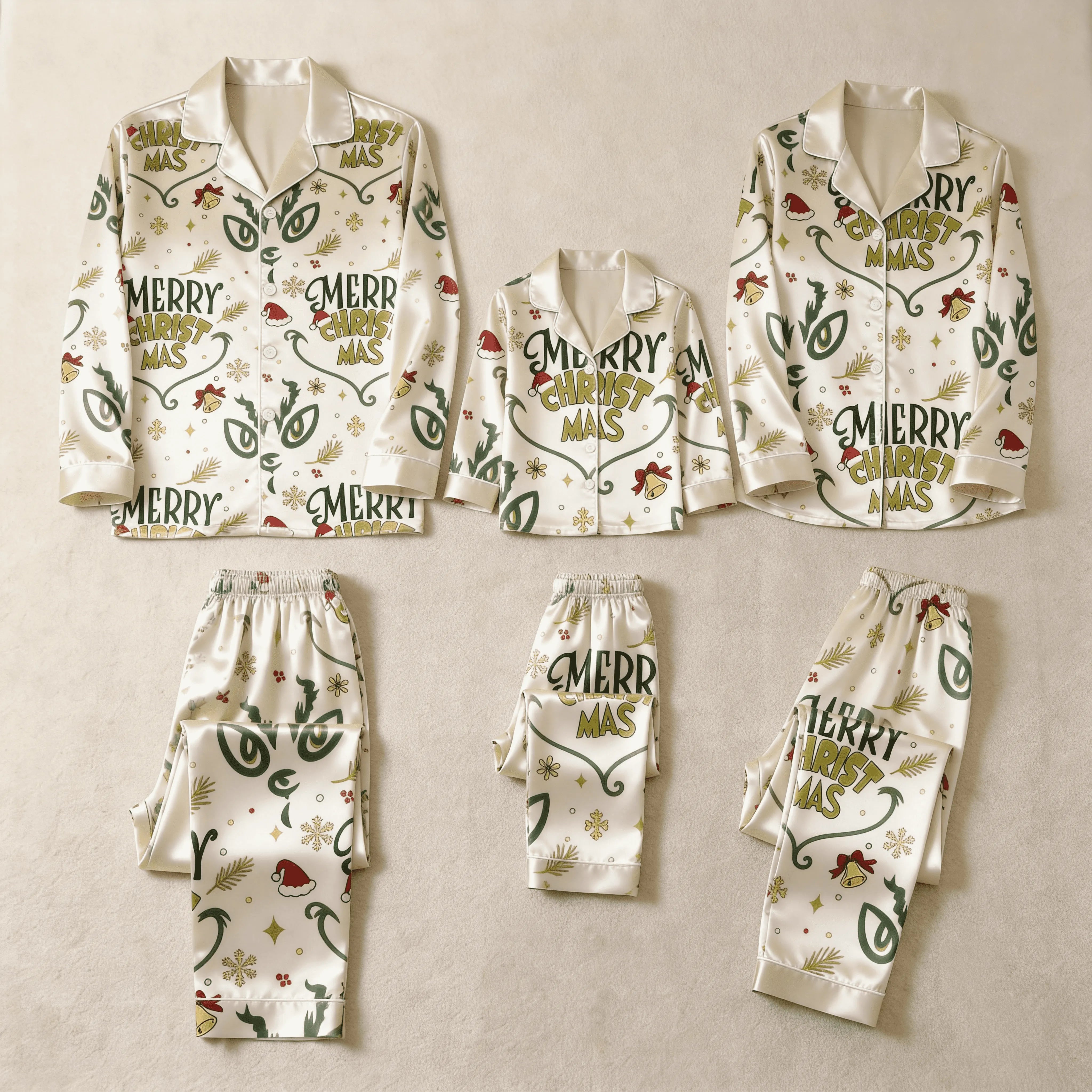 Merry Christmas Letter & Festive Icon Print Green Satin Button-Up Family Pajamas Set