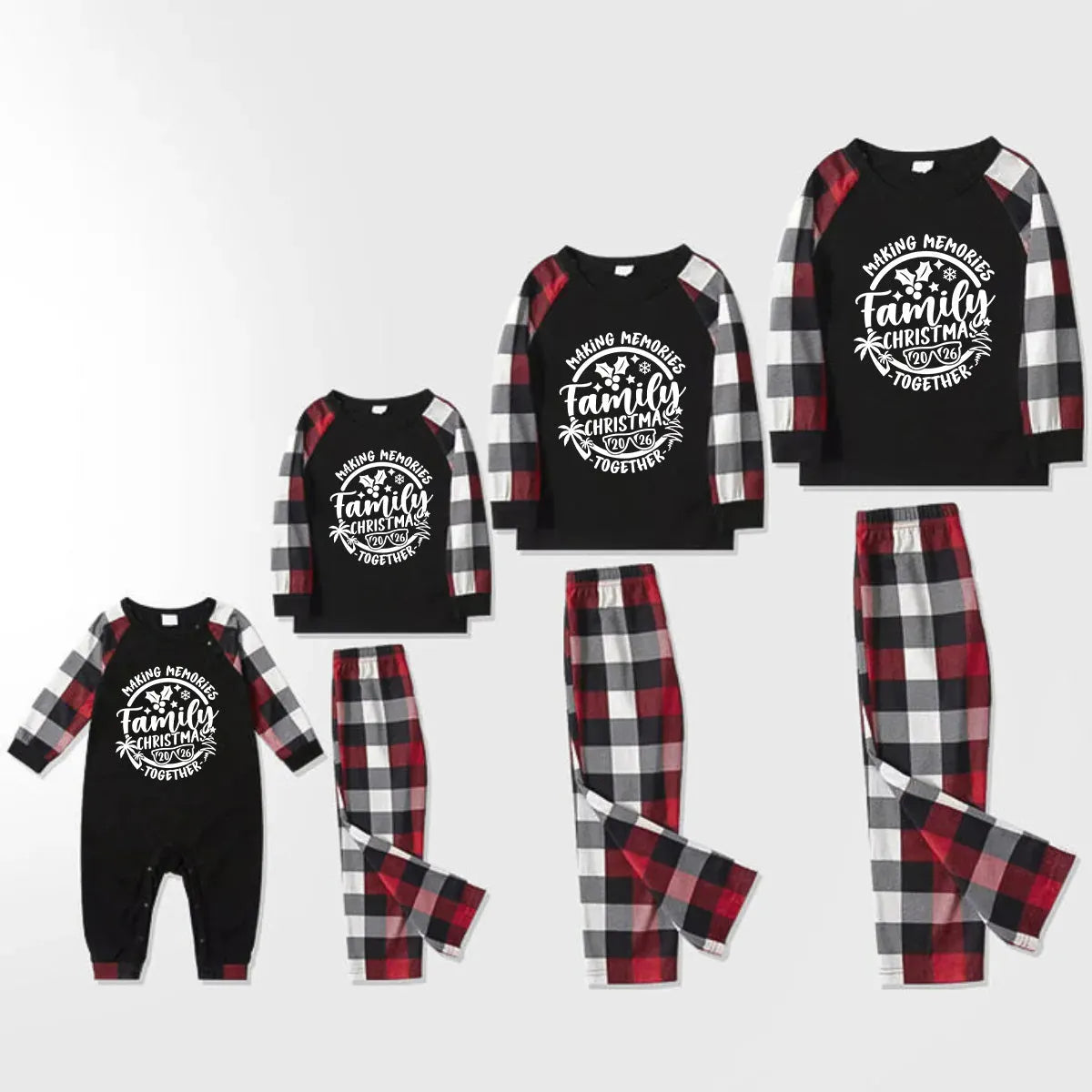 Christmas Make Memories Together 2026 Print Red & Black & Grey & White Plaid Family Matching Pajamas With Dog