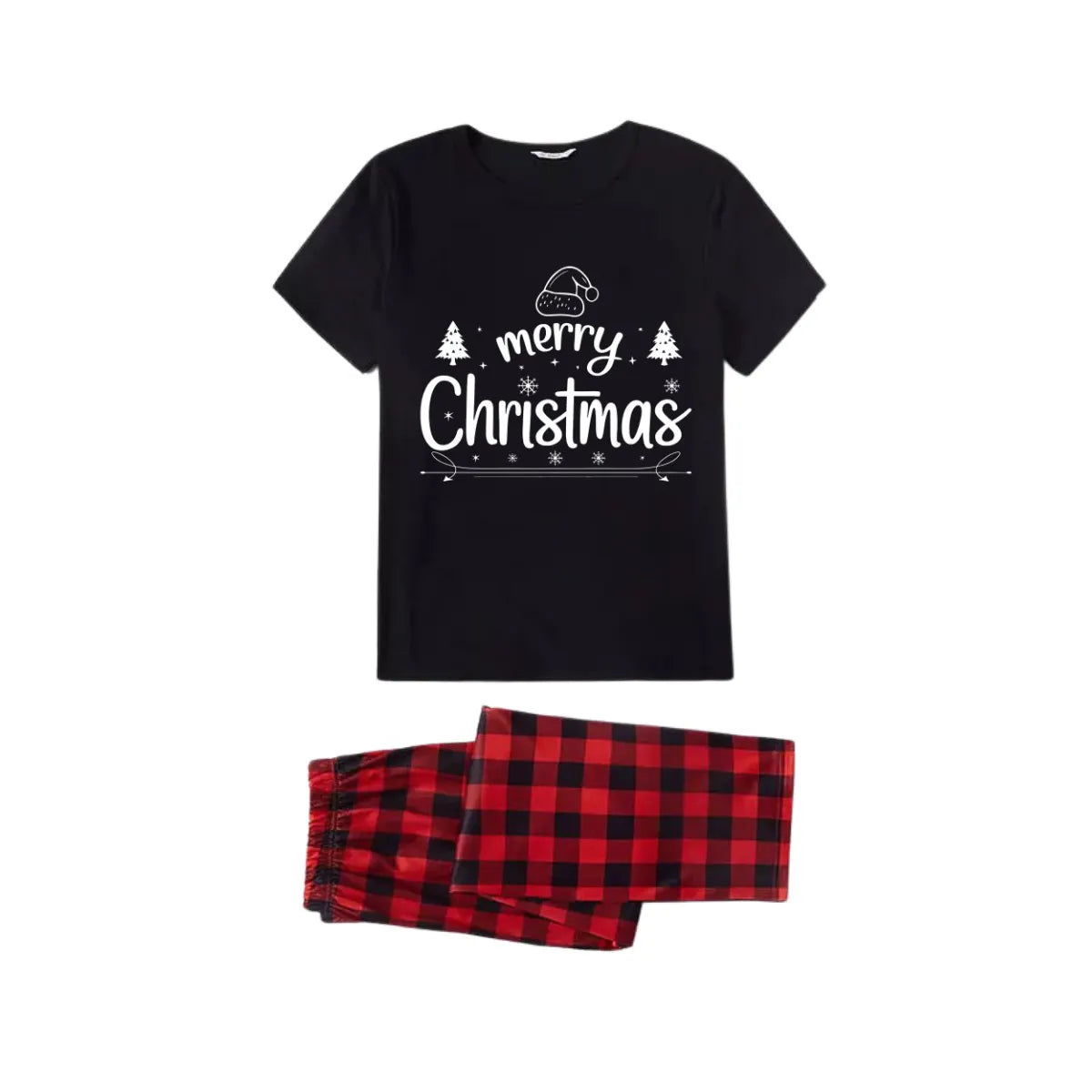 Merry Christmas White Letter Family Pajamas Set - Black Top Red Pants Red Plaid Pattern Letter Print