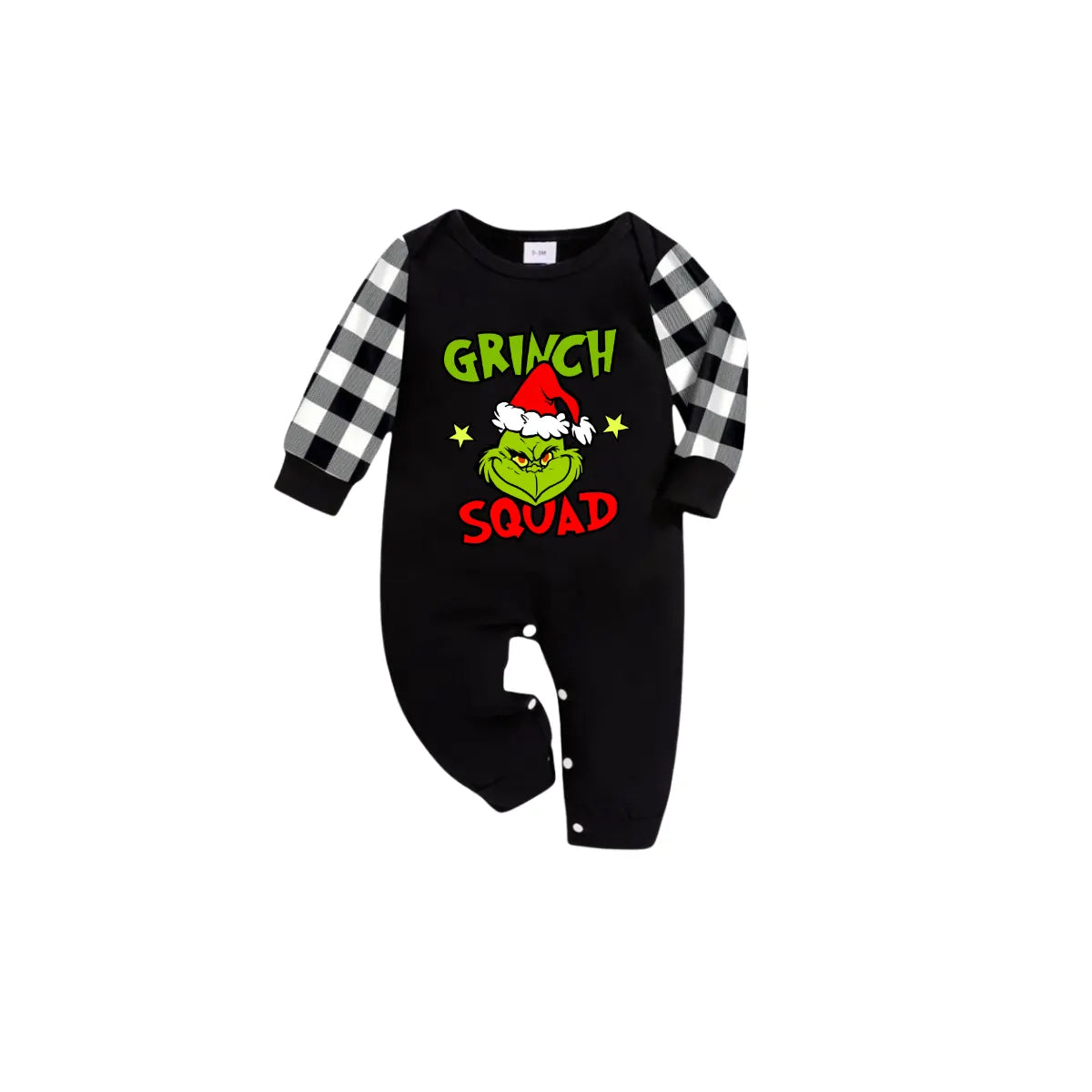 Grinch Squad Family Christmas Pajamas Set - Black Top Black and White Plaid Pants Green Grinch Graphic