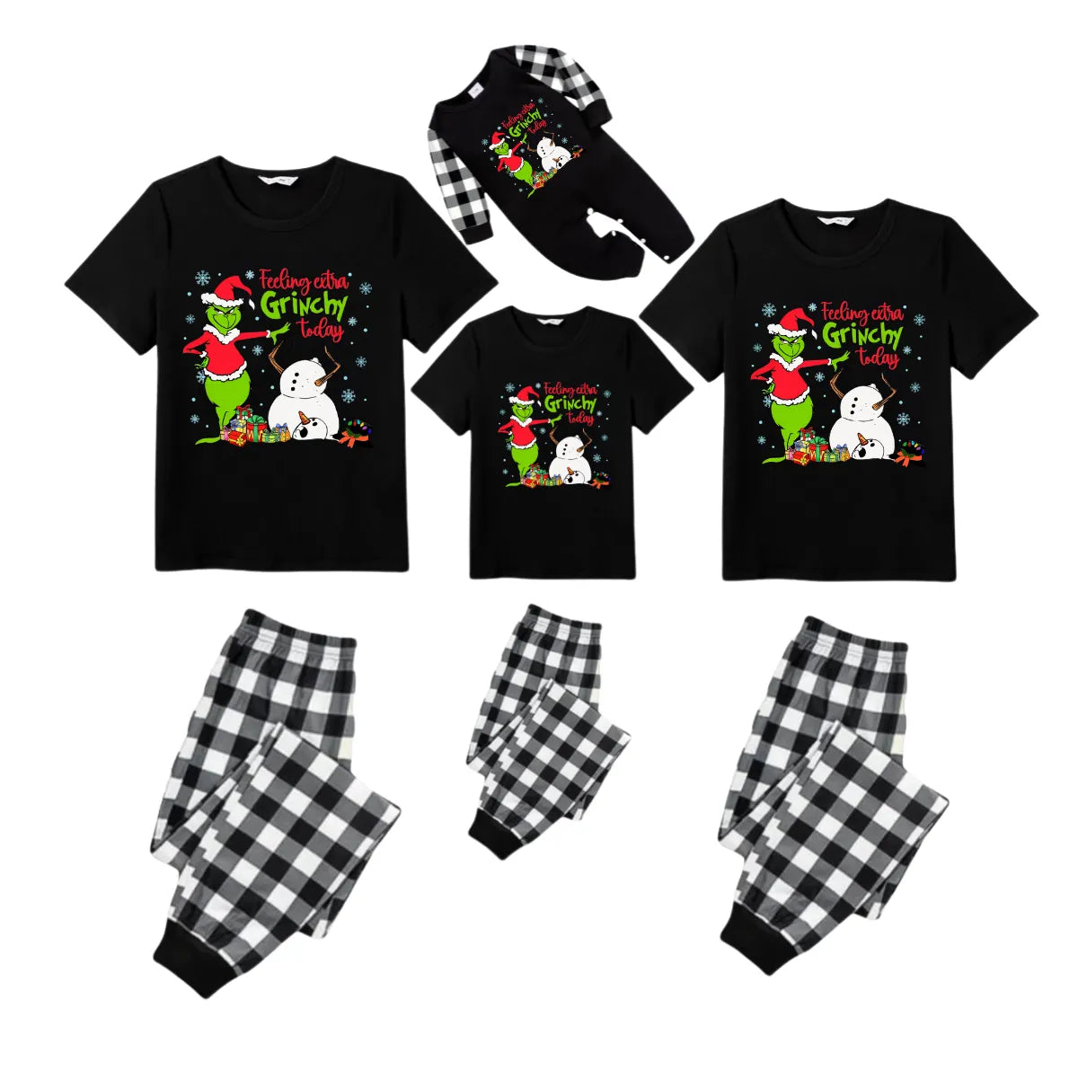 Black and White Plaid Christmas Short Sleeve Pajamas Set With Grinch and Snowman Print