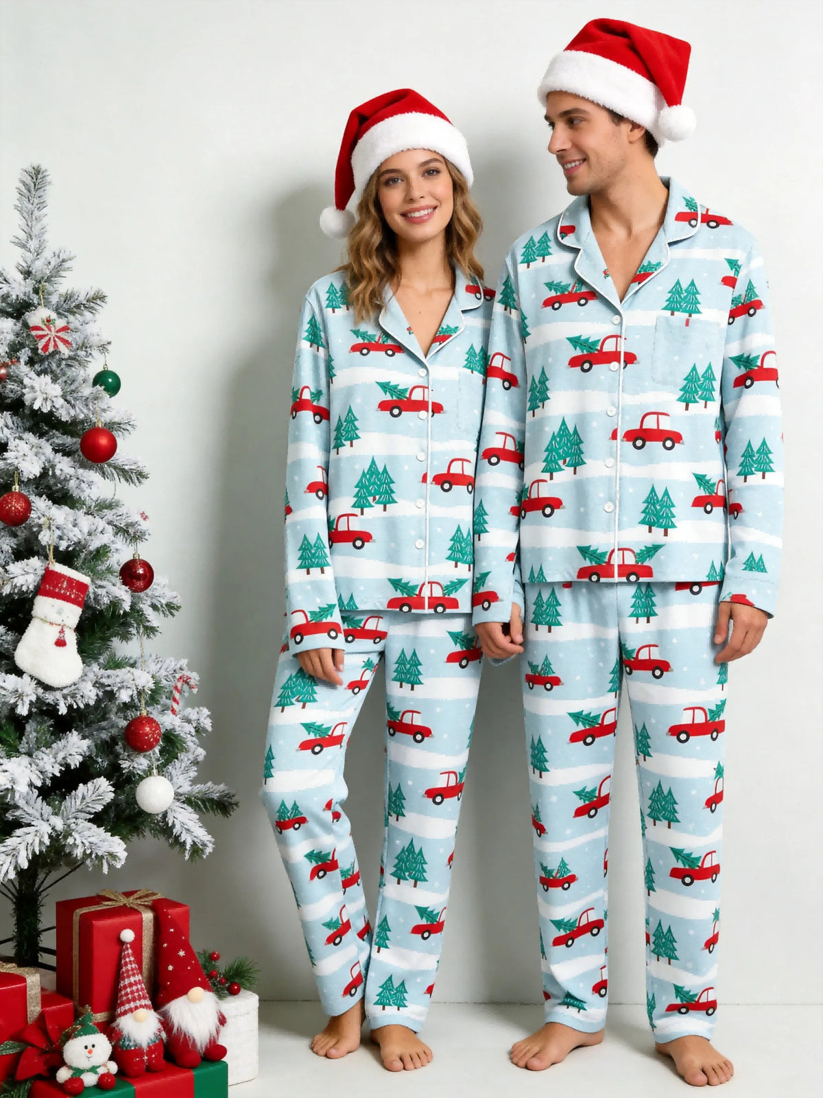 Two-Piece Set Festive Red Truck Print Family Christmas Two-Piece Button-Down PJS Long Sleeve Top and Pants with Pockets Winter Holiday Sets