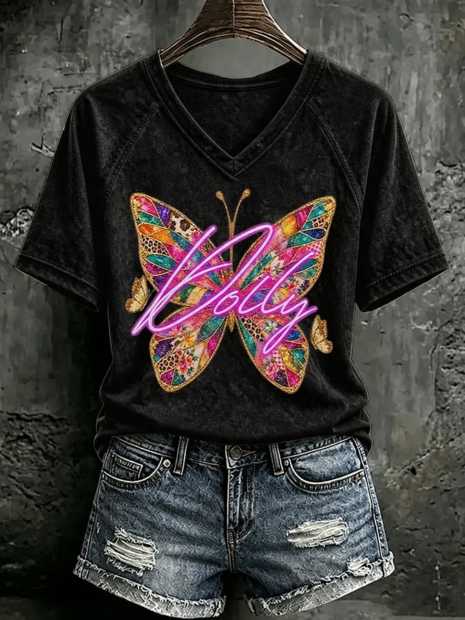 V Neck Retro Butterfly Queen Of Country Print T-Shirt