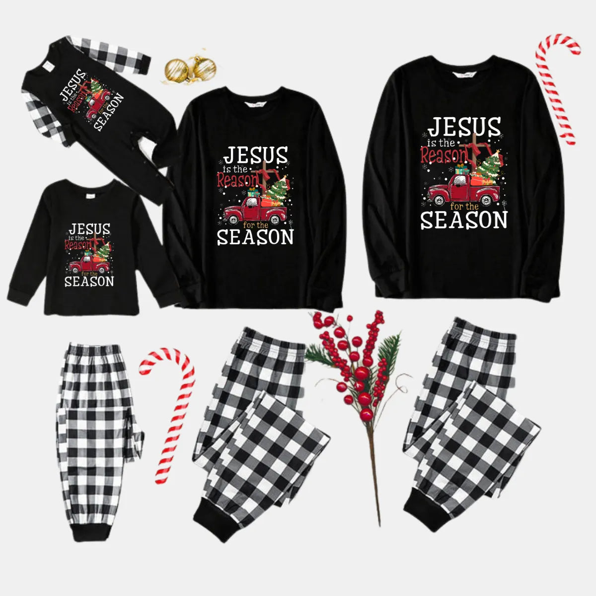 Black and White Plaid Christmas Pajamas Set With "Jesus is the Reason for the Season" Text Print