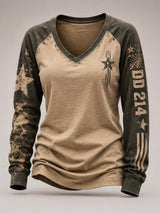 Women's Casual "DD214 America Official Woman Card" Print V-Neck Long-Sleeve T-Shirt