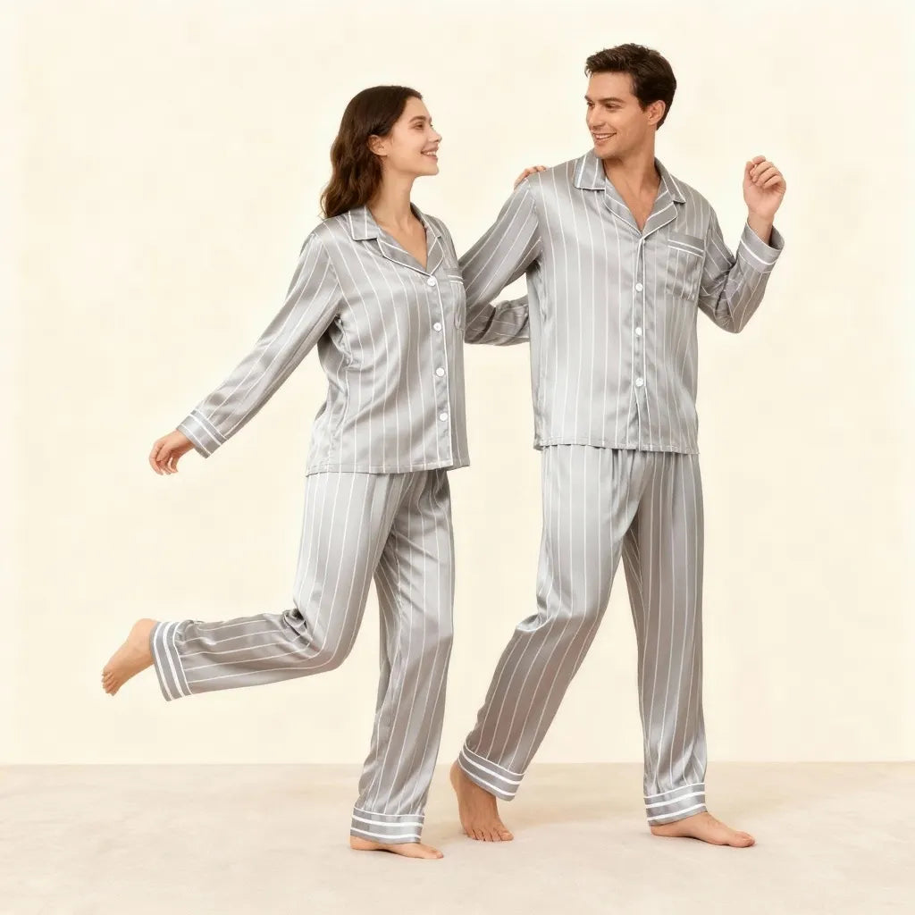 Elegant Satin Gray Pajama Set for Couple