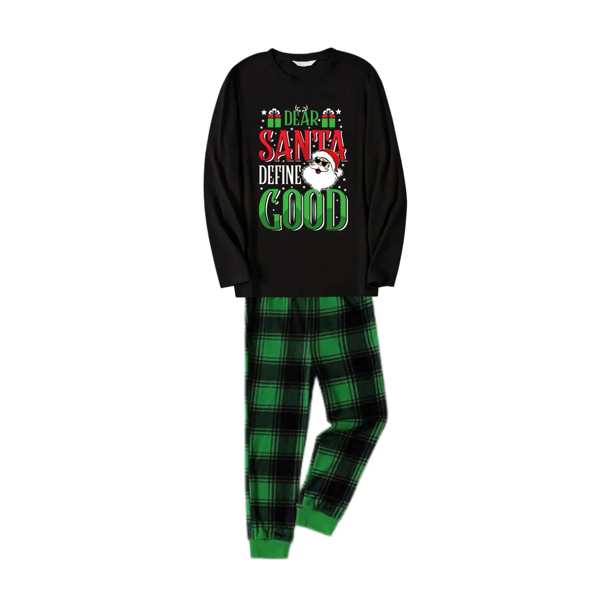"Dear Santa Define Good" Slogan Printed Black and Green Plaid Family Matching Pajamas