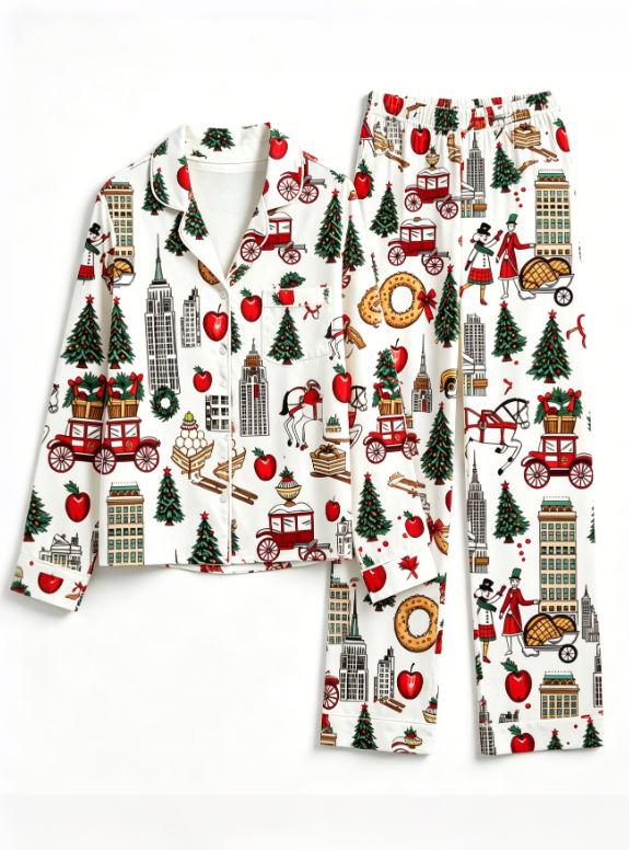 Festive Cityscape & Holiday Carriage Print Matching Family Pajama Set, Button-Down Cotton Loungewear