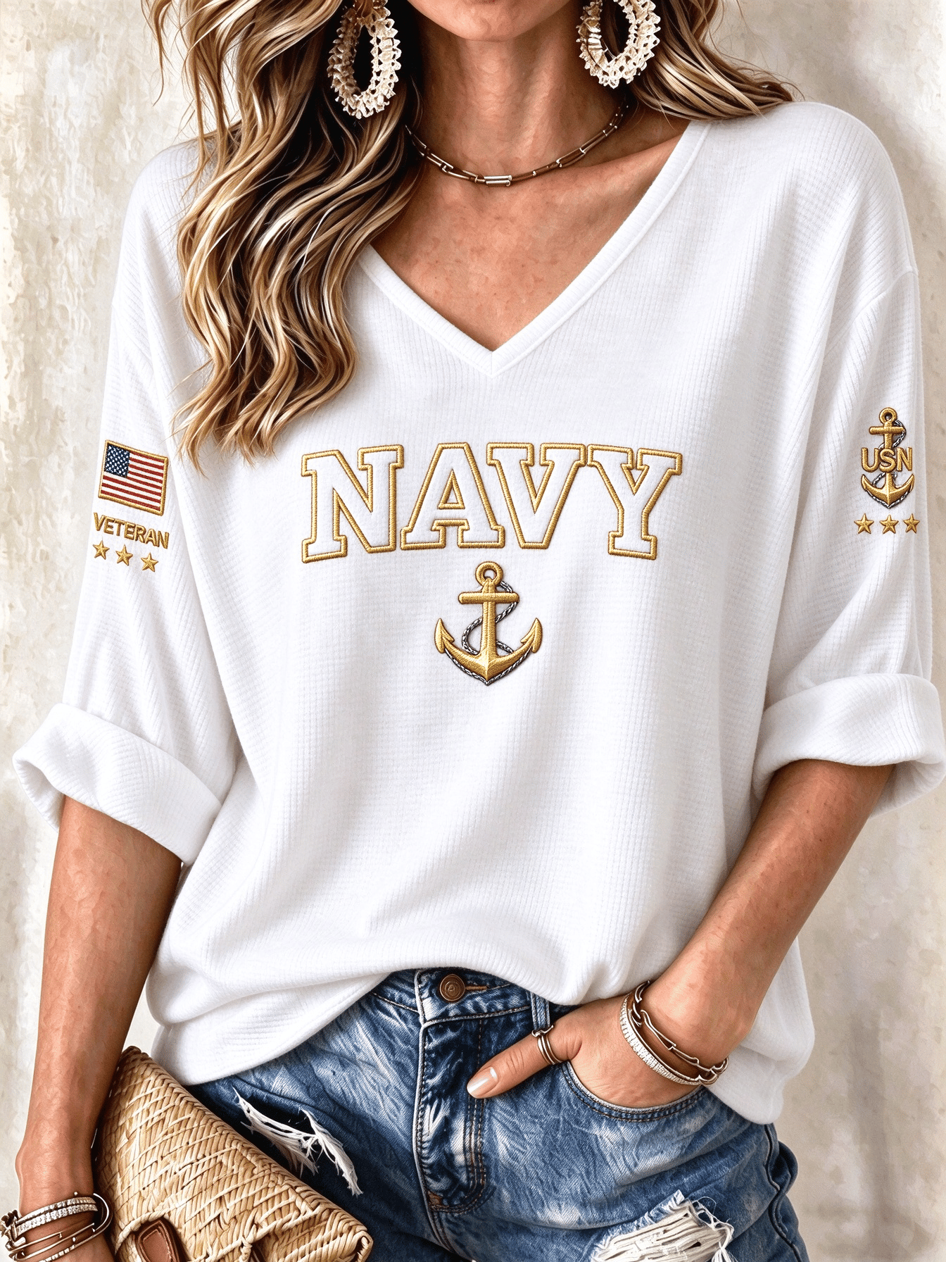 Women's American Veterans Leisure Print Waffle Top