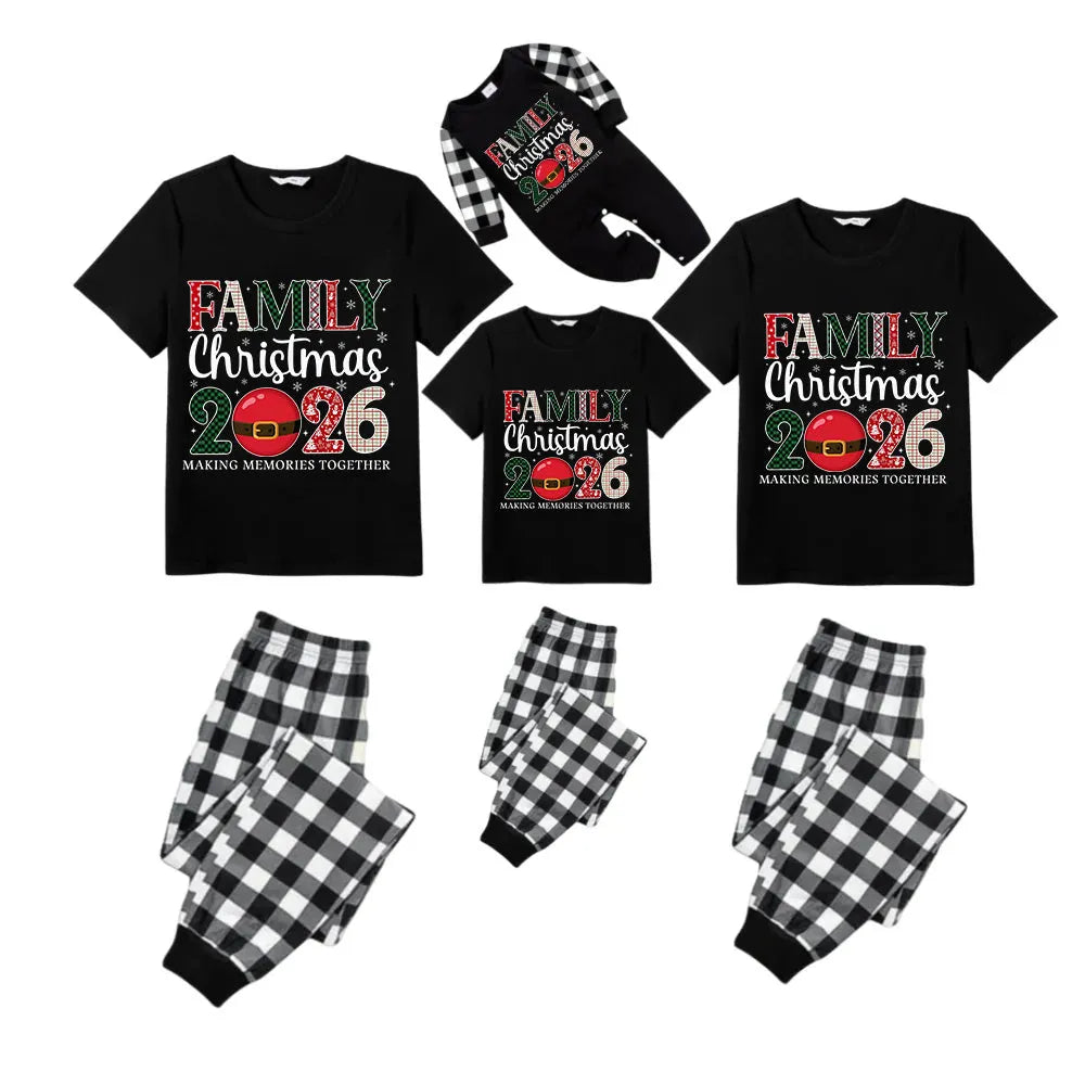 Black and White Plaid Short Sleeve Christmas Pajamas Set With Santa Motif Print