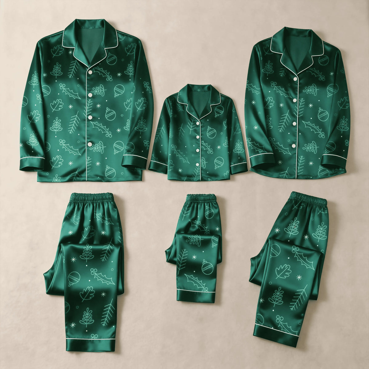 Emerald Green Festive Line-Art Print Satin Button-Up Family Christmas Pajamas Set